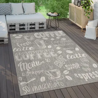 Outdoor Teppich Wetterfest Balkon Küche Modernes Muster Mit Schriftzug Grösse 240x340 cm - Grau