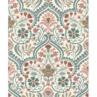 Rasch Vliestapete Blumen-Ornamente - Landhaus Vinyl-Tapete Botanisch in Weiß Blau Rosa für ein natürliches Wohnambiente - Robust und Abwaschbar - 10,05 m x 0,53 m