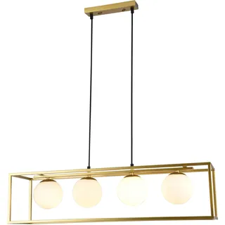 GTV AVELIN Pendelleuchte 4-flammig 80x20x20 cm – elegante Deckenleuchte aus goldenem Metall mit milchigen Glaskugeln, höhenverstellbar, E27 Fassung, IP20, modernes Design für Esszimmer oder Wohnzimmer