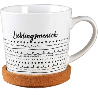 Papierdrachen Hochwertige Tasse aus Keramik mit passendem Kork Untersetzer - Tischdeko - Kaffeetisch - Kaffeetasse - Lieblingsmensch - für Kaffee, Tee und mehr