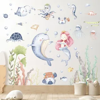 Wlicon Wandtattoo Meerjungfrau Unterwasser Wandtattoo Meerjungfrau Ozean Fisch Wandsticker mit Wale Oktopusse Seegräser für Schlafzimmer Badezimmer Meeresthemenparty Dekoration