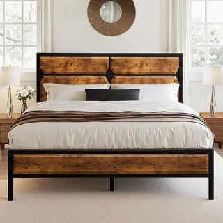 VECELO Bett 140 x 200 cm mit Holzkopfteil, Bettgestell Metallbett Doppelbett mit Lattenrost, Bettrahmen aus Metall, Jugendbett, perfekt für Schlafzimmer, viel Stauraum unter dem Bett, Vintage Braun