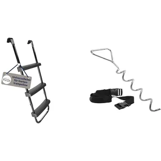 HUDORA Universalleiter - Rutschhemmende Trampolinleiter mit Breiten Stufen & Erdanker-Set - Trampolin Zubehör Bodenanker - 65011