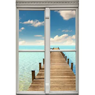 queence Wandsticker »Steg ins Meer« Wandsticker, Wandbild, selbstklebend, 3D, Fenster, blau