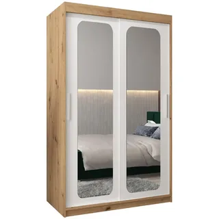 abiks möbel Schwebetürenschrank Eiche Artisan, Weiß, Kunststoff, Nachbildung, 5 Fächer, 120x200x62 cm Schlafzimmer, Kleiderschränke, Schwebetürenschränke