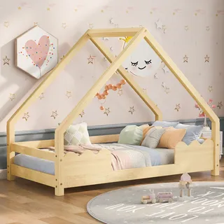 Flieks Kinderbett Hausbett 90x200cm mit Lattenrost, Bodenbett mit Rausfallschutz, Einzelbett Jugendbett Kiefernholzbett, Naturbelassen - Naturbelassen