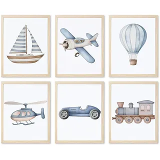 inch sunshine art Kinderzimmer-Auto-Wandkunst-Set, 6 Stück, Baby-Jungen-Poster, Leinwanddrucke, Blau, Kinderauto, Zug, Flugzeug, Boot, Heißluftballon, Wanddekoration, Kleinkind, Fahrzeugmalerei, Aquarell-Kunstwerk