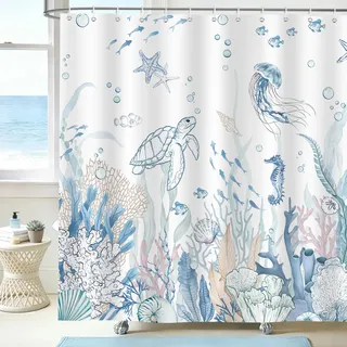 hometrixx Ozean Duschvorhang 180 x 200 cm Türkis Blau Schildkröte Unterwasserwelt Koralle Qualle Badevorhänge Polyester Badezimmervorhang für Dusche Bad Wasserdicht Maschinenwaschbar mit 12 Ringe