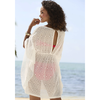 Longbluse LASCANA "aus transparenter Lochspitze", Damen, Gr. 40, weiß, Spitze, Obermaterial: 95% Polyester, 5% Elasthan, transparent, unifarben, figurumspielend Po-bedeckend, tiefer V-Ausschnitt, Fledermausärmel, Blusen Longbluse, Elegante Kaftanbluse, lockere Tunika aus Spitze, Strandtunika, Topseller