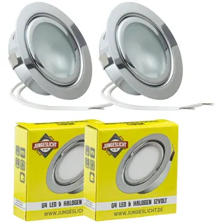 JungesLicht - Halogen Möbeleinbauleuchte 12V G4 20W, Bohrloch 55-60mm passend, Tiefe 23mm, Außen 73mm, Chrom (Leuchtmittel inklusive, LED geeignet), dimmbar, Möbelleuchte, Spiegelleuchte, 2 Stück