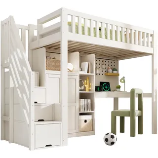 Beaok Hochbett 90/200 cm in Weiß mit Schreibtisch, Schrank und Lattenrost , Holzwerkstoff , 90x200 cm , Babymöbel & Kindermöbel, Kinderzimmer & Jugendzimmer, Kinderbetten, Hochbetten