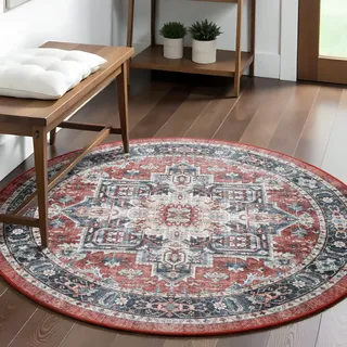 Carvapet Waschbarer runder Teppich 150 cm rutschfest Roter Teppich Kreis Retro-Medaillon-Bodenteppich für Wohnzimmer, Schlafzimmer