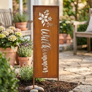 Gartenstecker Willkommen Rostdeko Metall 83cm Gartenstele Edelrost Beetstecker Blumendeko Rost Gartendeko Eingangsbereich Eisen Braun