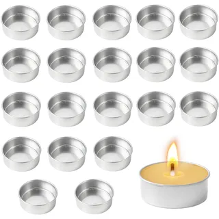 XHYASD 20 Stück Teelichthalter Metall 40mm, Runde Teelichtbecher Silber, Leere Kerzenbecher Zinn Kerzeneinsätze, Teelichthüllen für Teelichter, Hochzeit, Weihnachten, Tischdekoration
