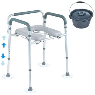 VEVOR Toilettenstuhl Nachtstuhl mit Gepolsterter Sitzfläche & Armlehnen, 7-stufig höhenverstellbar, 5,8 L Abnehmbarer Eimer, Einfach zu Montieren, 158 kg Fassungsvermögen, Erhöhter Toilettensitz