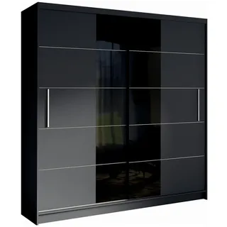 Feldmann-Wohnen Schiebetürenschrank, Graphit, Schwarz Hochglanz, Holz, 4 Fächer, Rechteckig, 201x215x60 cm, Schlafzimmer, Kleiderschränke, Schwebetürenschränke