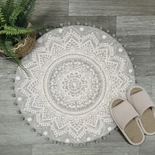 Uphome Runder Boho-Badteppich, 6,9 cm Durchmesser mit Pompom-Ball, Fransen, Vintage-Stil, Mandala, Samt-Akzent, Überwurf-Teppich, weich, rutschfest, rund, für Schlafzimmer, Wohnzimmer, Grau und Creme