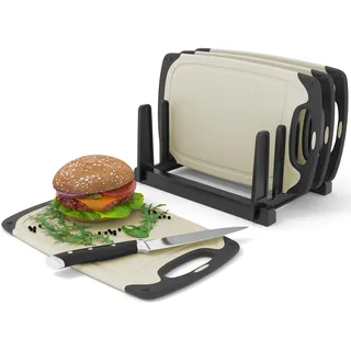 KPYTO Frühstücksbrettchen 4-er Set mit Ständer kunststoff klein creme-schwarz spülmaschinenfest rutschfest beidseitig Schneidebrettchen 24x14cm