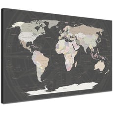 LANA KK Weltkarte-Pinnwand als Leinwandbild, pinne Deine Reisen und Erinnerungen – World Map Grey - Deutsch - Landkarten-Wandbild in grau, 100 x 70 cm