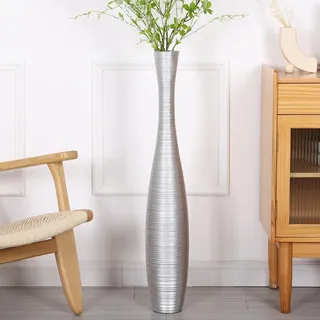 Leewadee Große Bodenvase Für Pampasgras Und Blumen, 85 cm hoch, Silber, Resin