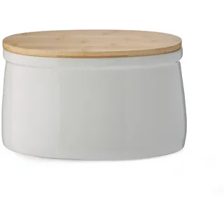 KHG Brotkasten Weiß Keramik Steingut Holzdeckel Bambus, Aufbewahrung Brot oval, Deckel als Schneidebrett, glänzend glasiert mit Emaille, Lüftungslöcher, Landhaus Vintage Stil, unbeschriftet