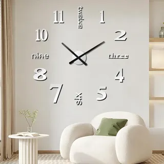 Aolso 3D XXL Wandaufkleber Uhren, DIY Rahmenlose Große Moderne Wanduhr | Acryl Wanduhren zum Kleben Geeignet für Wohnzimmer Küche Schlafzimmer (60-120cm)-Silber