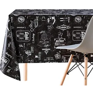 Schwarz Tischdecke mit Weiß Kreidetafel Muster, Rechteckig 250 x 140 cm | bis zu 8 Sitzplätze, Strapazierfähig, Abwischbar, Wasserdichtes Wachstuchtischdecke, Retro PVC-Tischdecke, Modern Café-Muster