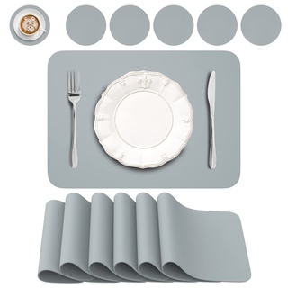 BANNIO 6er Set Tischsets Abwaschbar,Abwischbar Lederoptik Platzset und Untersetzer,Wasserdicht PVC Platzdeckchen Tischset für Hause Küche Restaurant und Hotel,41x31cm,grau