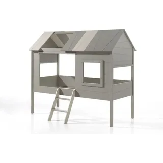 Baumhaus Bett CHAMERAU-12 Liegefläche 90x200cm Set inkl. Lattenrost und Vorhang Set, Grau-Beige BxHxT: 209x185x137cm - Grau
