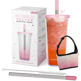 700ml Bubble Tea Becher mit Boba Strohhalm und Tragegriff | Trinkbecher mit Deckel aus Plastik, Becher ideal als Cocktailgläser, für Tea mit Boba perlen & Eiskaffee oder Smoothie