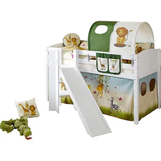 TICAA Podestbett Ekki mit Rutsche 90 x 200 cm inkl. Rollrost und Matratze Kiefer massiv weiß safari