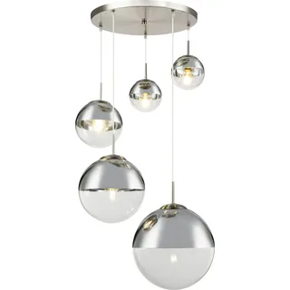 Globo Lighting Hängeleuchte Metall Nickel matt, Glas transparent, Kabel PVC transparent, Höhe kürzbar, 5 Kugeln mit DM: 2x15-20-25-30 cm, ø: 650mm, H: 1500mm, exkl. 3x E27 40W 230V, exkl. 2x E27 ILLU 25W 230V - Silber