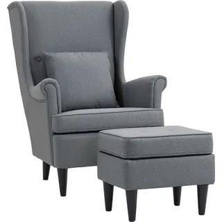 HOMCOM Ohrensessel mit Hocker Sessel mit Leinenoptik, Lendenkissen, Loungesessel Modern Relaxsessel mit Armlehne für Wohnzimmer Grau - Grau