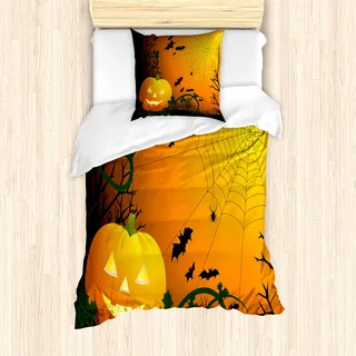 ABAKUHAUS Spinnennetz Mantele, Kürbis-Blätter-Schläger, Milbensicher Allergiker geeignet mit Kissenbezügen, 135 cm x 200 cm - 80 x 80 cm, Orange Dunkelgrün Schwarz - Orange