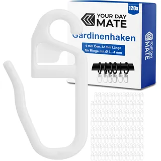 Vorhanghaken für Gardinen Ringe, 120 Stück, mit Ø 4 mm Öse, für Gardinenringe mit 3 bis 4 mm, in Weiß, Gardinenringe Haken zum Einhängen, Faltenlegehaken für Vorhangringe, Vorhang Haken Clip Set