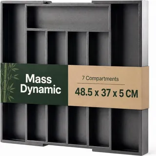 MASS DYNAMIC Besteck-Schubladen-Organizer, erweiterbarer Bambus-Besteckkasten für Küchenutensilien, verstellbarer Besteck- und Besteckhalter, 7 Fächer für Löffel, Gabeln, Messer (Schwarz)