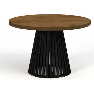 Runder Ausziehbarer Tisch für Esszimmer, DOVER - Industrial/Loft Still mit Lamellenbeine, Durchmesser: 100 / 150 cm, Farbe: Eiche Lefkas / Schwarz - Dunkelbraun
