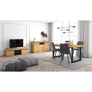 Skraut Home - Wohnzimmermöbel-Set | Tisch 170 U-Beine 8 Personen | Lowboard 140 | Sideboard/Buffetschrank 140 | Eiche und Schwarz | Industrieller Still