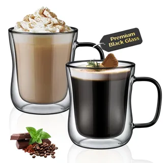 ecooe Einzigartige Schwarz Gläser 350ml Doppelwandige Kaffeegläser Latte Macchiato Gläser 2er Set, Doppelwandig Kaffeeglas Teegläser mit Henkel für Cappuccino,Geschenk für Männer Frauen