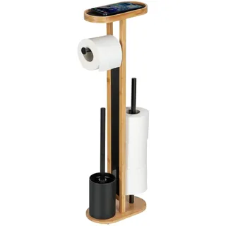 WENKO Bambus Stand WC-Garnitur Mod. Orea mit schwarzem Trennglas, WC Bürste, Toilettenpapierhalter, Ersatzrollenhalter für bis zu 4 Rollen und Smartphone-Ablage, stehend, ohne Bohren, Natur