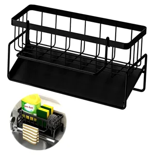 Spülbecken Organizer, Schwammhalter Küche Schwarz mit Ablaufwanne und Handtuchhalter Abnehmbar, Waschbecken Organizer für Küche, Bad, Waschküche, Speisekammer