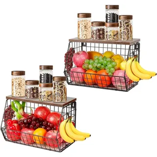 Sprifityy 2 Etagere Obstkorb Hängend, Obstkorb Wand für Küche, mit Holzdeckel and 4 Bananen Aufhänger Haken, Stapelbar Gemüsekorb für Obst Snacks Aufbewahren und Gemüse