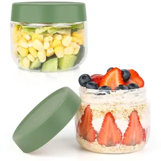 Musiwanna Rund Glasbehälter mit Deckel, 2er Set 300ml, Borosilikatglas Vorratsgläser Stapelbar, Klein Overnight Oats Gläser, Gläser für Müsli, Porridge, Jogurt, Chia Pudding, Gewürze, Marmelade (Grün)