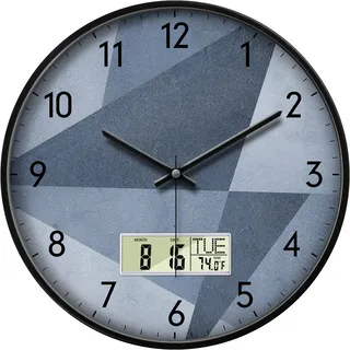 Stilvolle, leise, Nicht tickende runde Digitale Wanduhr, grau, für Wohnzimmer, Dekoration, analoge Uhren, großes Display, batteriebetriebene Wandhalterung, Uhr mit Temperatur, Datum, Uhrzeit, Woche,