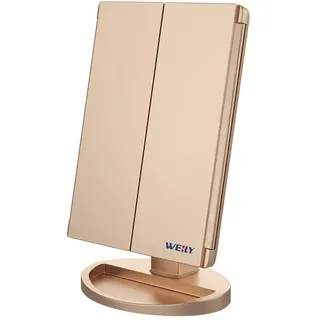 WEILY Schminkspiegel mit Beleuchtung, Kosmetikspiegel mit 1X/2X/3X Vergrößerung, Faltbare Schminkspiegel mit LED-Beleuchtung und Touchscreen, Tischspiegel Unterstützung USB und Batterie (Golden)