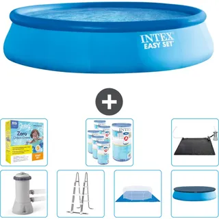 Intex runder aufblasbarer Easy Set-Schwimmpool – 457 x 107 cm – Blau – inklusive Pumpe – Leiter – Bodenplane – Abdeckung Wartungspaket - Filter - Solarmatte