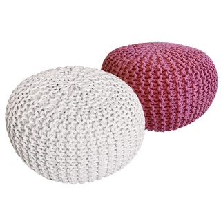 Pouf Set 2 Stück Strickhocker Bodenkissen Grobstrick-Optik Ø 55 cm H 37 cm weiß & pink Sitzhocker