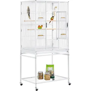 Yaheetech Vogelvoliere Vogelkäfig Voliere Vogelhaus mit Rollen für Nymphensittiche, Papageien, Weiß