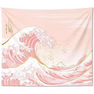 Ovenbird Japanischer Wandteppich, Wellenmuster, Rosa und Gold, Schlafzimmer, 150 x 130 cm