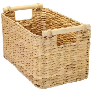 HMF Aufbewahrungskorb Badezimmer Korb geflochten aus Wasserhyazinthe mit Holzgriffen 37 x 22 x 20 cm beige